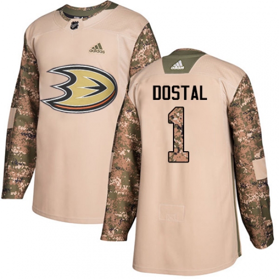 Men's Adidas Anaheim Ducks #1 Lukas Dostal Authentic Camo Veterans Day Practice NHL Jersey - Ujersey
