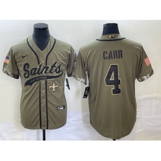 Men's New Orleans Saints #4 Derek Carr Olive 2022 Salute To Service Cool Base Stitched Baseball Jersey - Ujersey