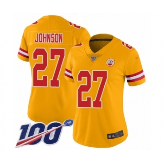 Women's Kansas City Chiefs #27 Larry Johnson Limited Gold Inverted Legend 100th Season Football Jersey - Ujersey