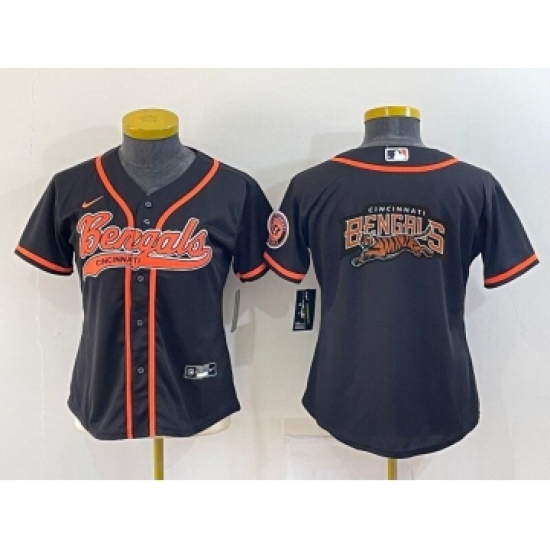 Women's Cincinnati Bengals Black Team Big Logo With Patch Cool Base Stitched Baseball Jersey - Ujersey