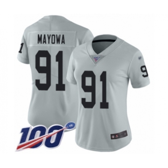Women's Oakland Raiders #91 Benson Mayowa Limited Silver Inverted Legend 100th Season Football Jersey