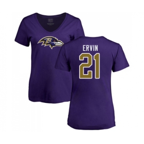 Football Women's Baltimore Ravens #21 Tyler Ervin Purple Name & Number Logo T-Shirt - Ujersey