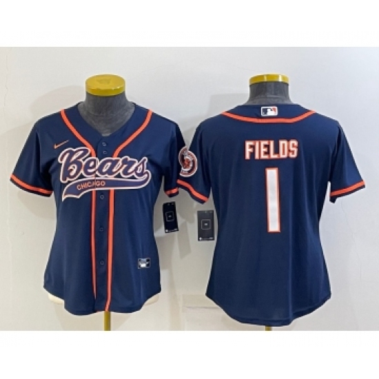 Women's Chicago Bears #1 Justin Fields Navy With Patch Cool Base Stitched Baseball Jersey - Ujersey