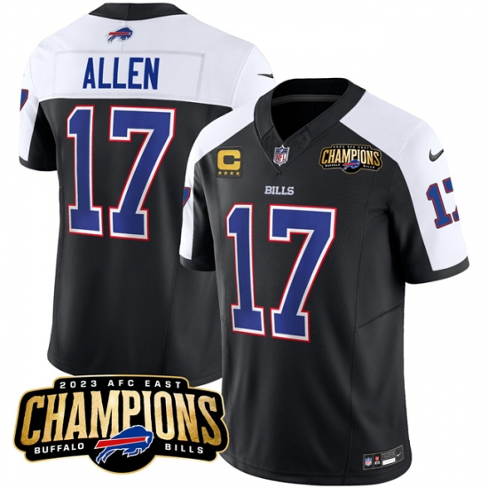 Men's Buffalo Bills #17 Josh Allen Black White 2023 F.U.S.E. AFC East Champions With 4-star C Football Stitched Jersey - Ujersey