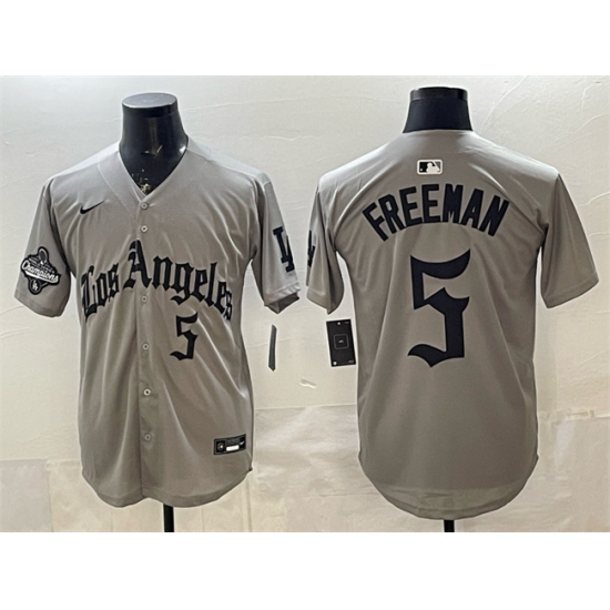 Men's Los Angeles Dodgers #5 Freddie Freeman Grey LA Gothic Style With 2025 World Series Champions Limited Stitched Baseball Jersey - Ujersey