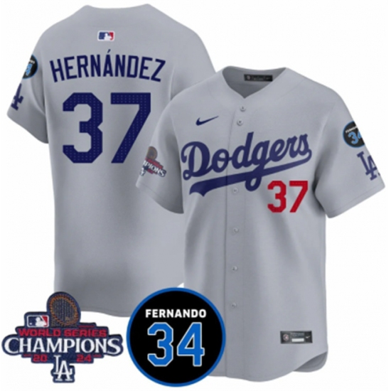 Men's Los Angeles Dodgers #37 Teoscar Hernandez Gray 2024 World Series Champions With Fernando Memorial Vapor Premier Limited Stitched Baseball Jersey - Ujersey