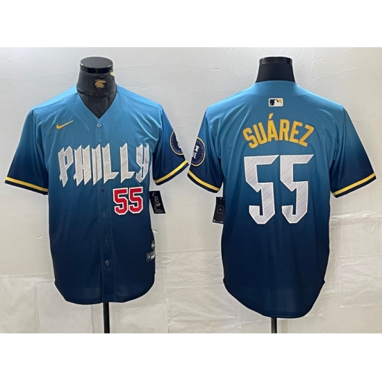 Men's Philadelphia Phillies #55 Ranger Suarez Blue 2024 City Player Number Cool Base Jerseys - Ujersey