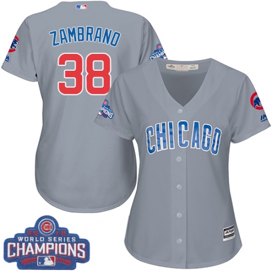 Women's Majestic Chicago Cubs #38 Carlos Zambrano Authentic Grey Road 2016 World Series Champions Cool Base MLB Jersey - Ujersey