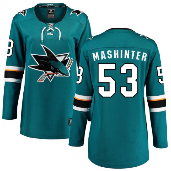 Women's San Jose Sharks #53 Brandon Mashinter Fanatics Branded Teal Green Home Breakaway NHL Jersey - Ujersey