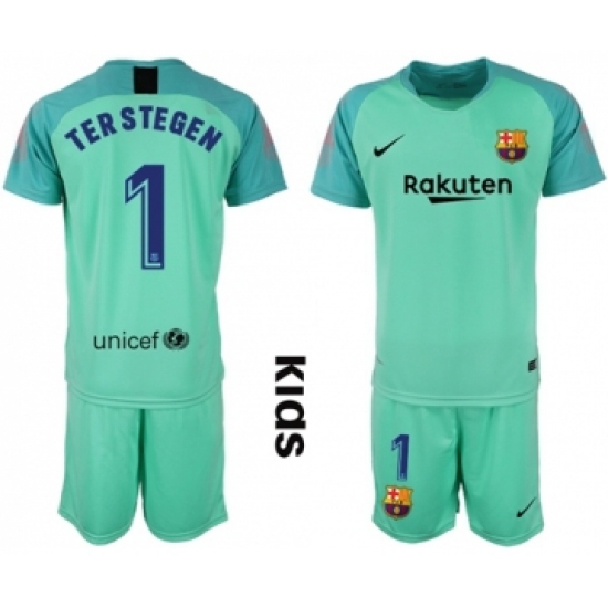 Barcelona #1 Ter Stegen Green Goalkeeper Kid Soccer Club Jersey