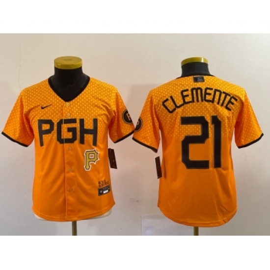 Youth Nike Pittsburgh Pirates #21 Roberto Clemente Yellow 2023 City Connect Stitched Jersey1 - Ujersey