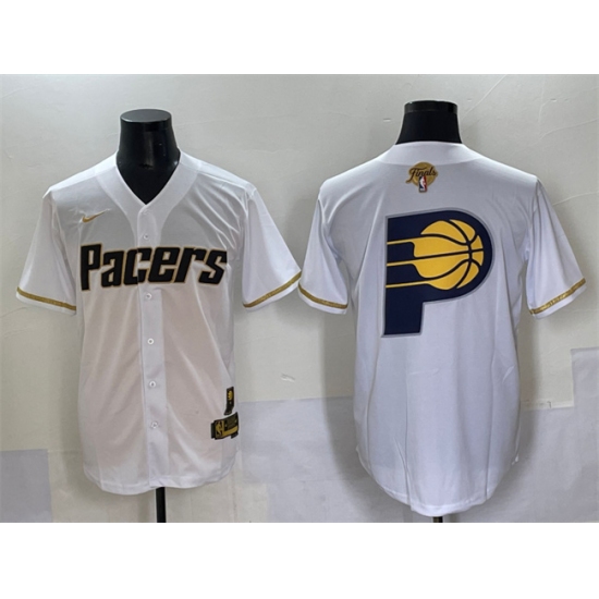 Men's Indiana Pacers Team Big Logo White Gold 2025 Finals Vapor Stitched Baseball Jersey - Ujersey