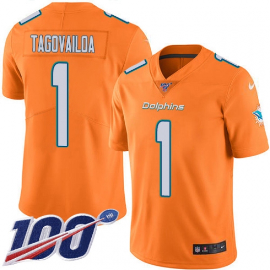 Youth Miami Dolphins #1 Tua Tagovailoa Orange Stitched Limited Rush 100th Season Jersey - Ujersey
