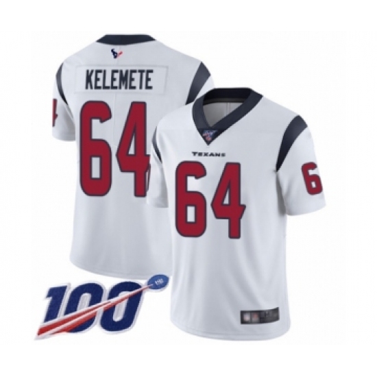 Men's Houston Texans #64 Senio Kelemete White Vapor Untouchable Limited Player 100th Season Football Jersey