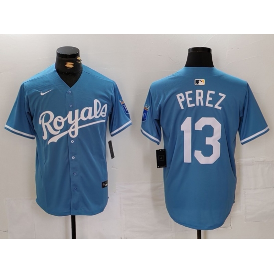 Men's Kansas City Royals #13 Salvador Perez Light Blue Cool Base Stitched Jersey - Ujersey