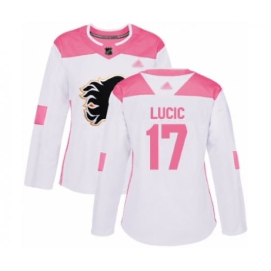 Women's Calgary Flames #17 Milan Lucic Authentic White Pink Fashion Hockey Jersey - Ujersey