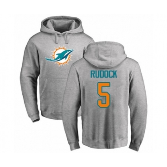 Football Miami Dolphins #5 Jake Rudock Ash Name & Number Logo Pullover Hoodie - Ujersey