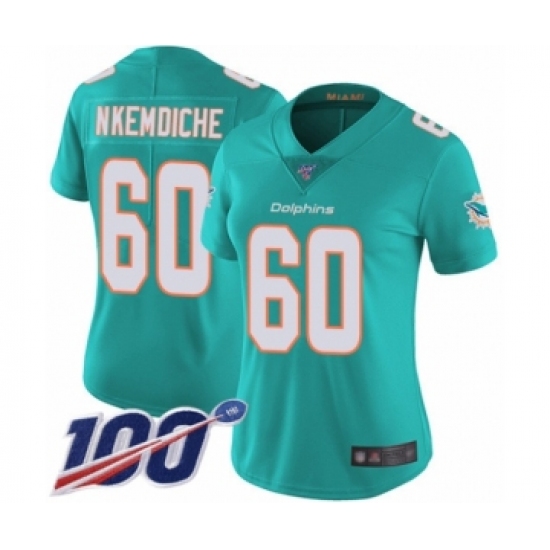 Women's Miami Dolphins #60 Robert Nkemdiche Aqua Green Team Color Vapor Untouchable Limited Player 100th Season Football Jersey - Ujersey