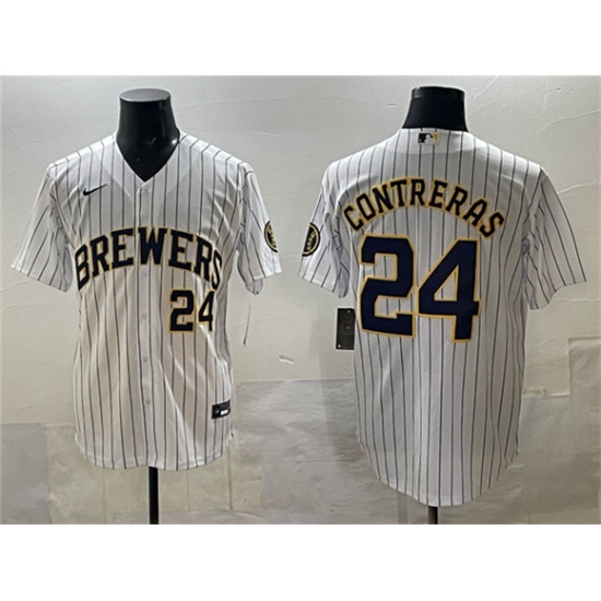 Men's Milwaukee Brewers #24 William Contreras White Pinstripe 2025 With Stitched Stitched Jersey - Ujersey