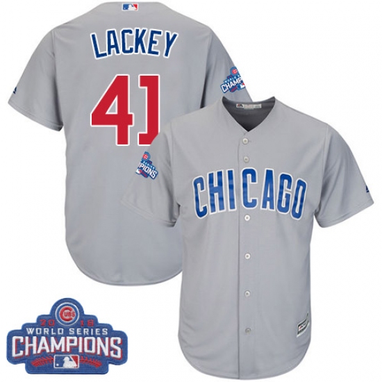 Youth Majestic Chicago Cubs #41 John Lackey Authentic Grey Road 2016 World Series Champions Cool Base MLB Jersey - Ujersey