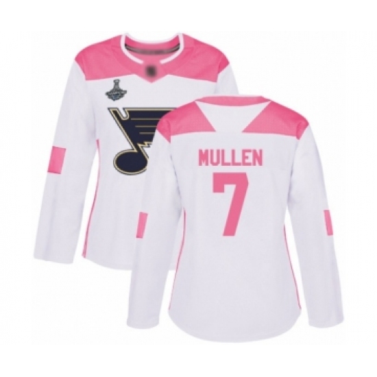 Women's St. Louis Blues #7 Joe Mullen Authentic White Pink Fashion 2019 Stanley Cup Champions Hockey Jersey - Ujersey