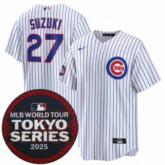 Men's Chicago Cubs #27 Seiya Suzuki White 2025 World Tour Tokyo Series Home Stitched Baseball Jersey - Ujersey