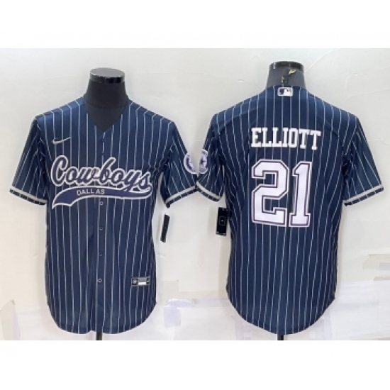 Men's Dallas Cowboys #21 Ezekiel Elliott Navy Blue Pinstripe With Patch Cool Base Stitched Baseball Jersey - Ujersey