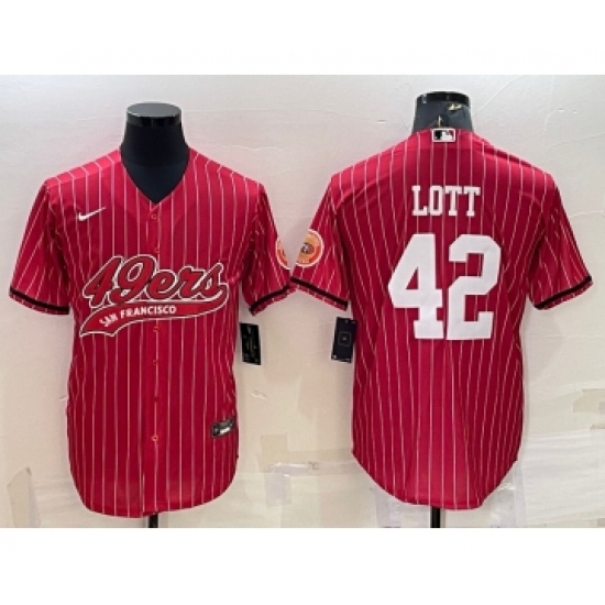 Men's San Francisco 49ers #42 Ronnie Lott Red Pinstripe With Patch Cool Base Stitched Baseball Jersey - Ujersey