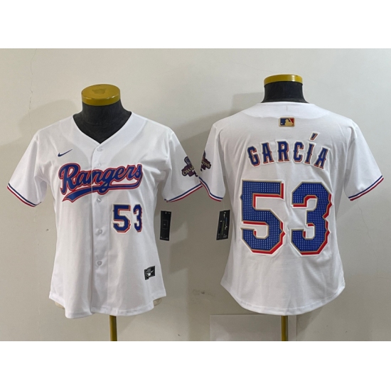 Women's Texas Rangers #53 Adolis Garcia Number White 2024 Gold Collection Limited Cool Base Jerseys - Ujersey