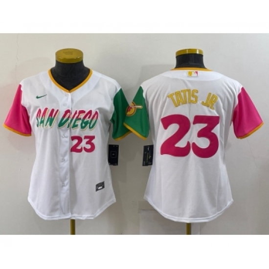 Women's San Diego Padres #23 Fernando Tatis Jr White Number 2022 City Connect Cool Base Stitched Jersey