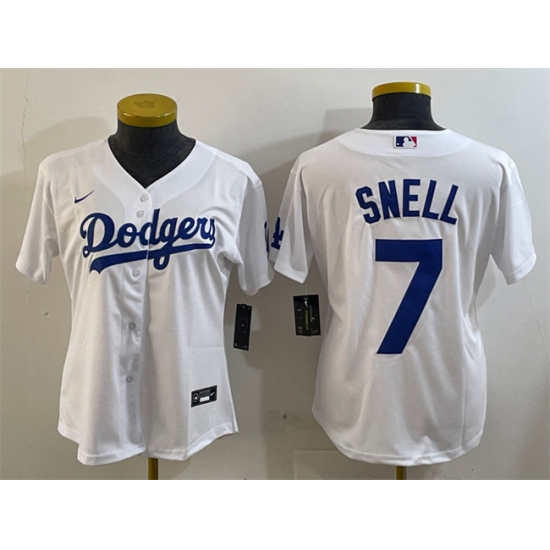 Women's Los Angeles Dodgers #7 Blake Snell White Cool Base Stitched Baseball Jersey(Run Small) - Ujersey