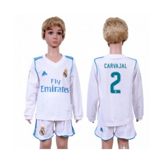 Real Madrid #2 Carvajal Home Long Sleeves Kid Soccer Club Jersey