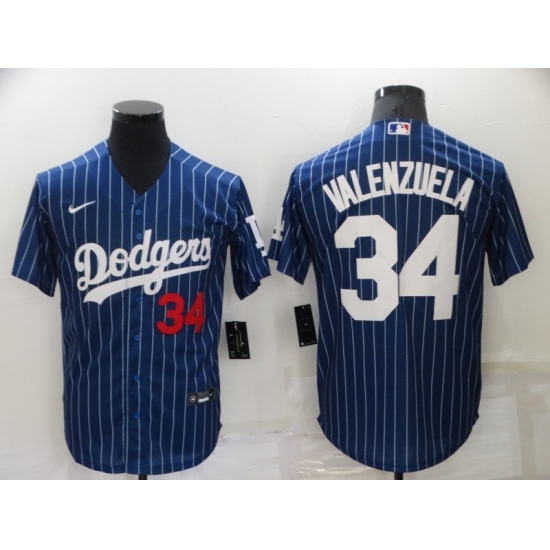 Men's Nike Los Angeles Dodgers #34 Fernando Valenzuela Blue Stripes Authentic Jersey - Ujersey