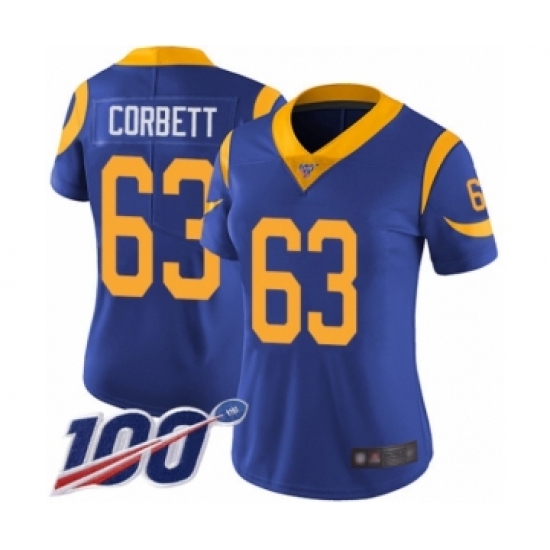 Women's Los Angeles Rams #63 Austin Corbett Royal Blue Alternate Vapor Untouchable Limited Player 100th Season Football Jersey