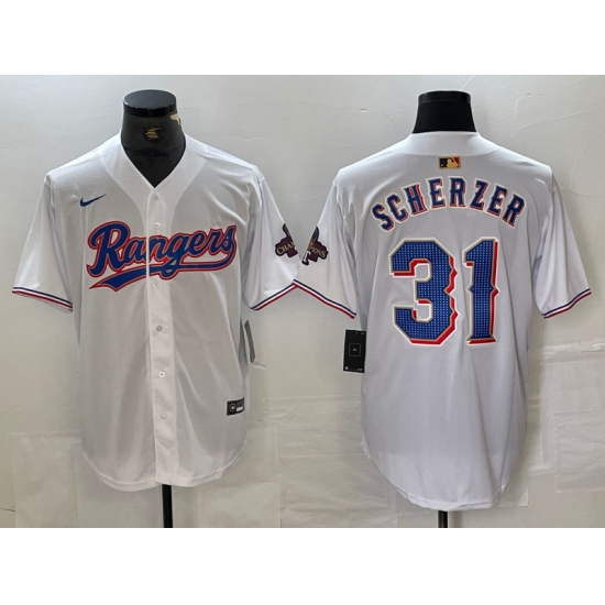 Men's Texas Rangers #31 Max Scherzer White 2023 World Series Champions Cool Base Jersey - Ujersey