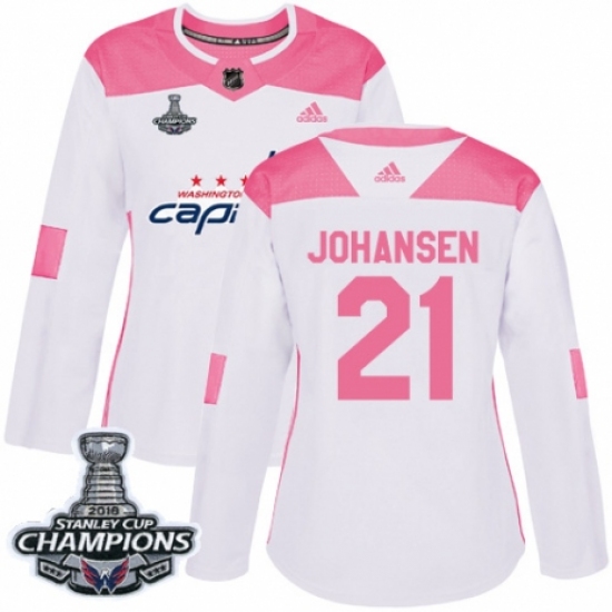 Women's Adidas Washington Capitals #21 Lucas Johansen Authentic White Pink Fashion 2018 Stanley Cup Final Champions NHL Jersey - Ujersey