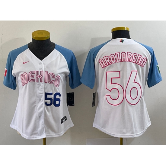 Women's Mexico Baseball #56 Randy Arozarena 2023 White Blue World Classic Stitched Jersey5