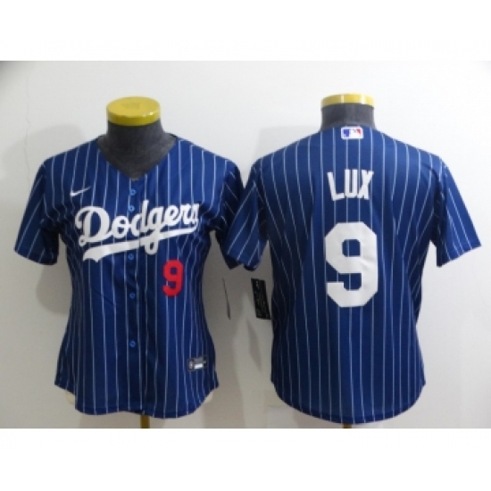Women's Los Angeles Dodgers #9 Gavin Lux Navy Blue Pinstripe Stitched MLB Cool Base Nike Jersey - Ujersey