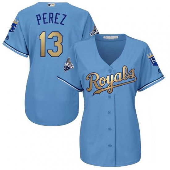 Women's Majestic Kansas City Royals #13 Salvador Perez Authentic Light Blue 2015 World Series Champions Gold Program Cool Base MLB Jersey - Ujersey