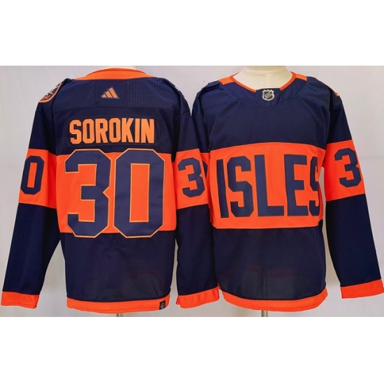 Men's New York Islanders #30 Ilya Sorokin Navy 2024 With Stadium Series Stitched Jersey - Ujersey