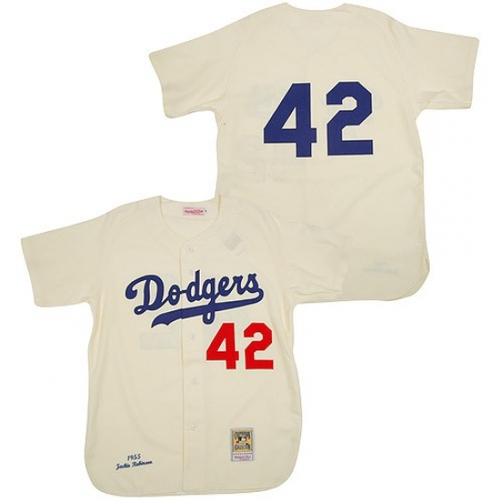 Men's Mitchell and Ness Los Angeles Dodgers #42 Jackie Robinson Authentic Cream Throwback MLB Jersey - Ujersey