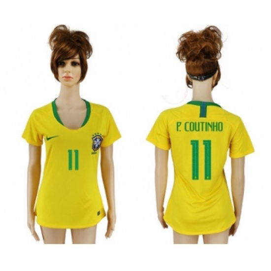 Women's Brazil #11 P.Coutinho Home Soccer Country Jersey