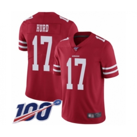 Men's San Francisco 49ers #17 Jalen Hurd Red Team Color Vapor Untouchable Limited Player 100th Season Football Jersey - Ujersey