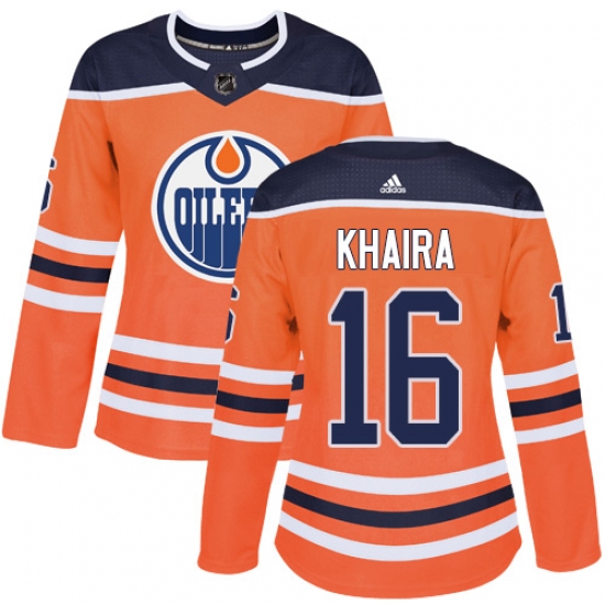 Women's Adidas Edmonton Oilers #16 Jujhar Khaira Authentic Orange Home NHL Jersey - Ujersey