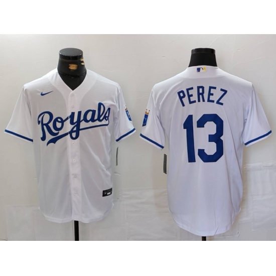 Men's Kansas City Royals #13 Salvador Perez White Cool Base Stitched Jersey - Ujersey