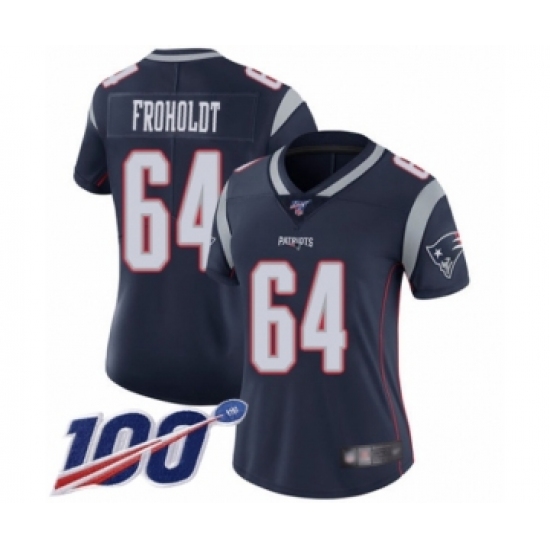 Women's New England Patriots #64 Hjalte Froholdt Navy Blue Team Color Vapor Untouchable Limited Player 100th Season Football Jersey - Ujersey