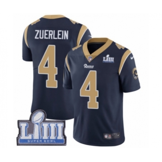 Men's Nike Los Angeles Rams #4 Greg Zuerlein Navy Blue Team Color Vapor Untouchable Limited Player Super Bowl LIII Bound NFL Jersey - Ujersey