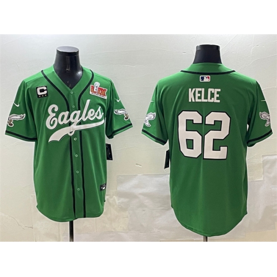 Men's Philadelphia Eagles #62 Jason Kelce Green 2025 Super Bowl LIX And 3-Star C Stitched Baseball Jersey - Ujersey