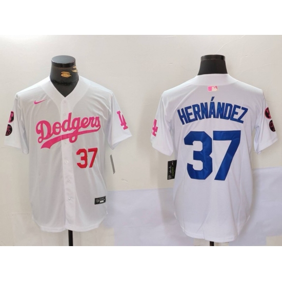 Men's Los Angeles Dodgers #37 Teoscar Hernández White Pink Vin & Kobe Stitched Baseball Jersey1 - Ujersey