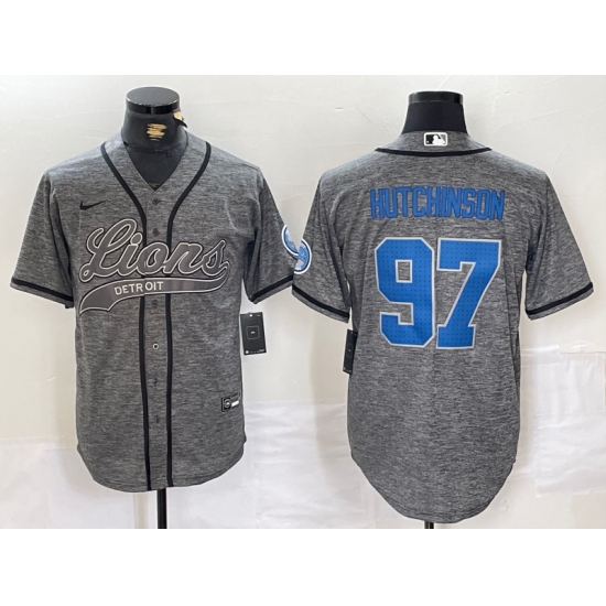 Men's Detroit Lions #97 Aidan Hutchinson Grey Gridiron With Cool Base Stitched Baseball Jersey - Ujersey